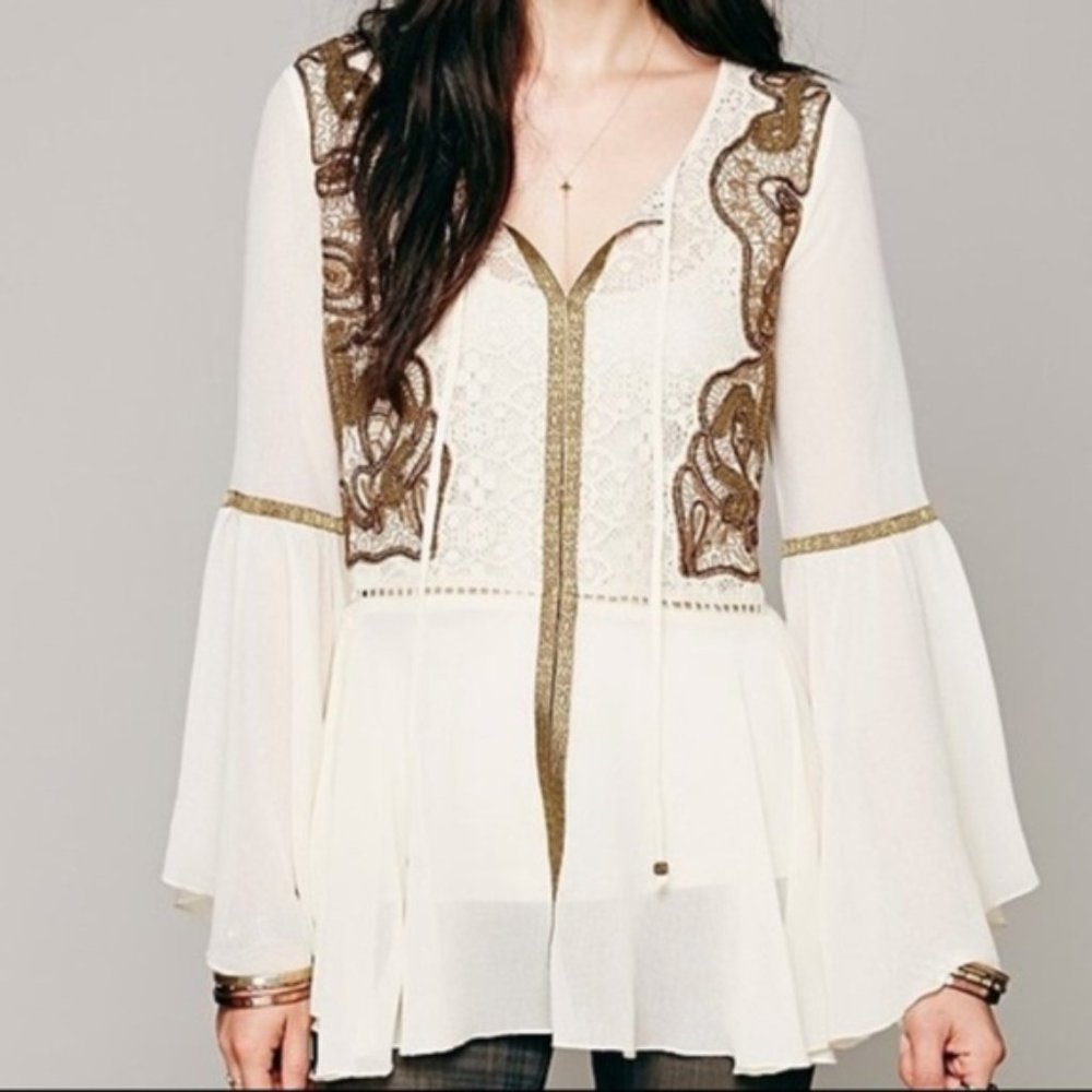 Free People Sz S Golden Moments bell sleeve top